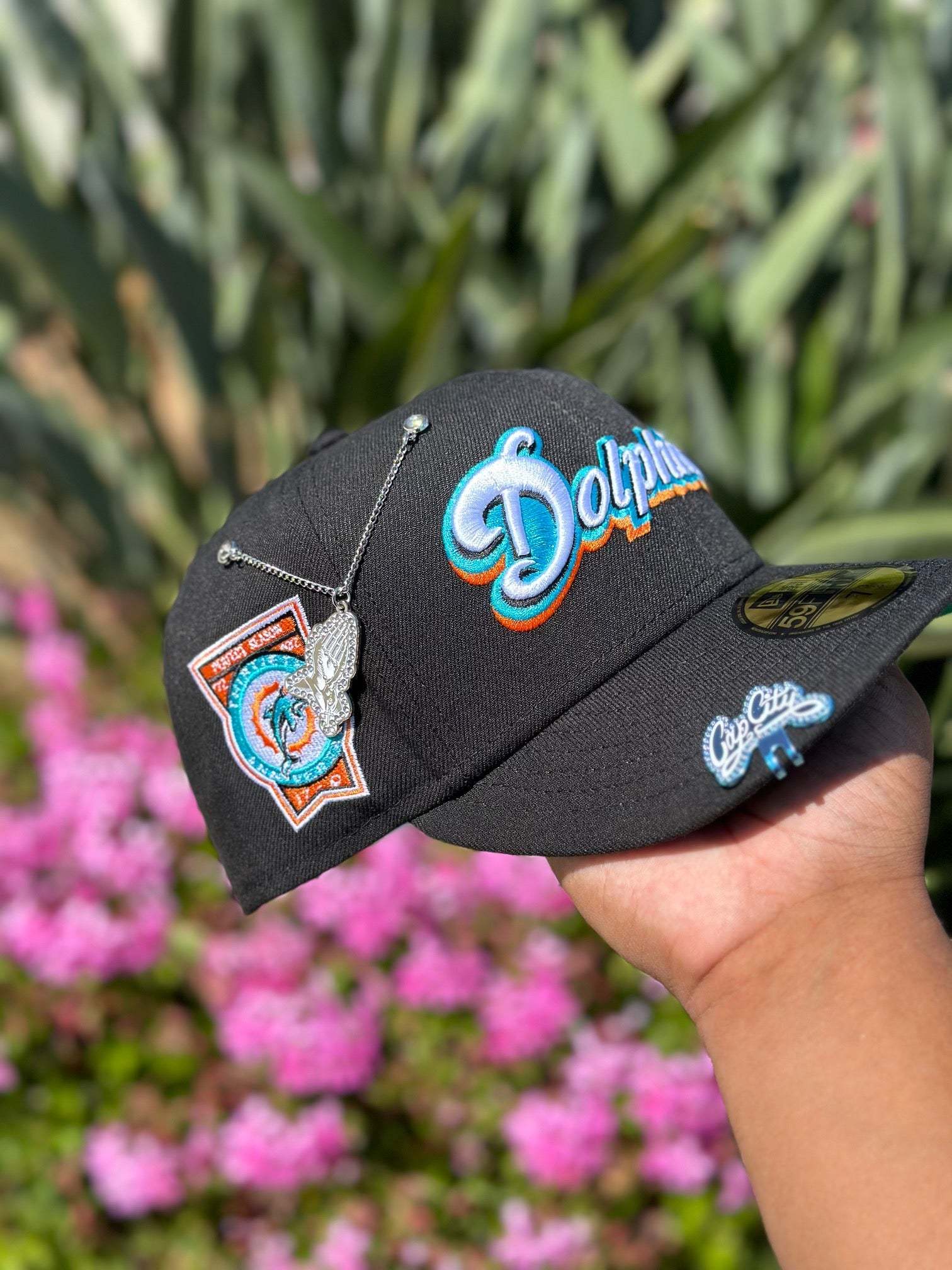 NEW ERA EXCLUSIVE 59FIFTY BLACK MIAMI DOLPHINS SCRIPT W/ 30TH ANNIVERSARY SIDE PATCH