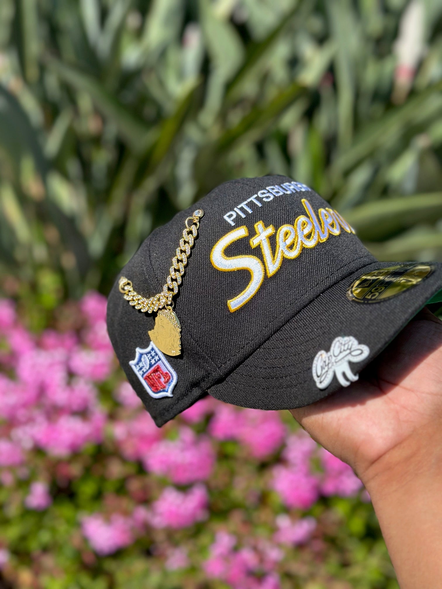 NEW ERA EXCLUSIVE 59FIFTY BLACK PITTSBURGH STEELERS SCRIPT W/ NFL LOGO SIDE PATCH