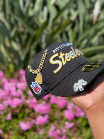 NEW ERA EXCLUSIVE 59FIFTY BLACK PITTSBURGH STEELERS SCRIPT W/ NFL LOGO SIDE PATCH