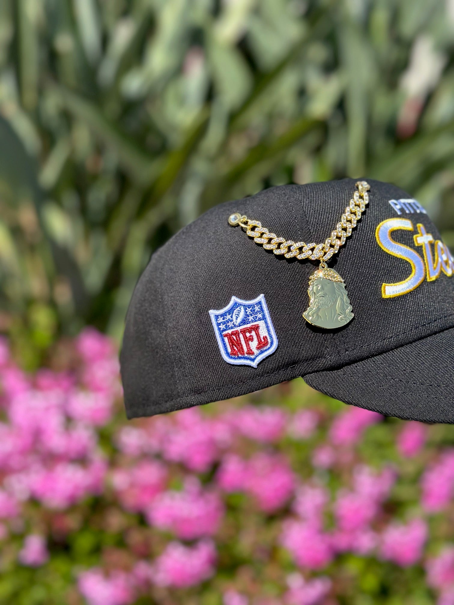 NEW ERA EXCLUSIVE 59FIFTY BLACK PITTSBURGH STEELERS SCRIPT W/ NFL LOGO SIDE PATCH