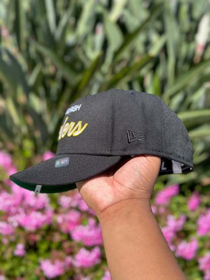 NEW ERA EXCLUSIVE 59FIFTY BLACK PITTSBURGH STEELERS SCRIPT W/ NFL LOGO SIDE PATCH