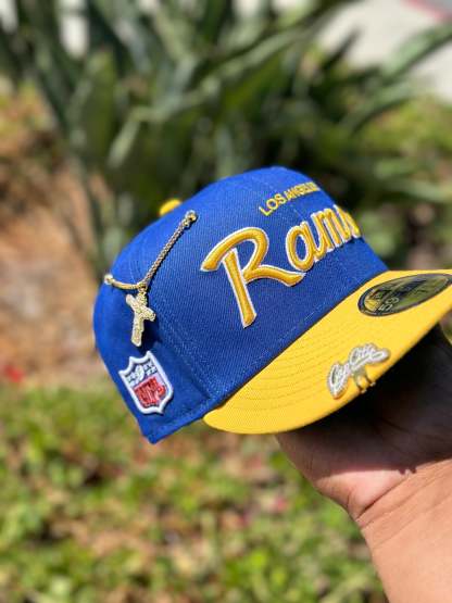 NEW ERA EXCLUSIVE 59FIFTY BLUE/YELLOW LOS ANGELES RAMS SCRIPT W/ NFL LOGO SIDE PATCH