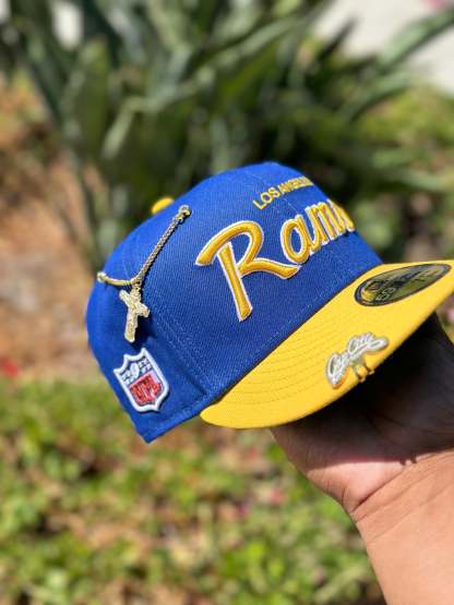 NEW ERA EXCLUSIVE 59FIFTY BLUE/YELLOW LOS ANGELES RAMS SCRIPT W/ NFL LOGO SIDE PATCH