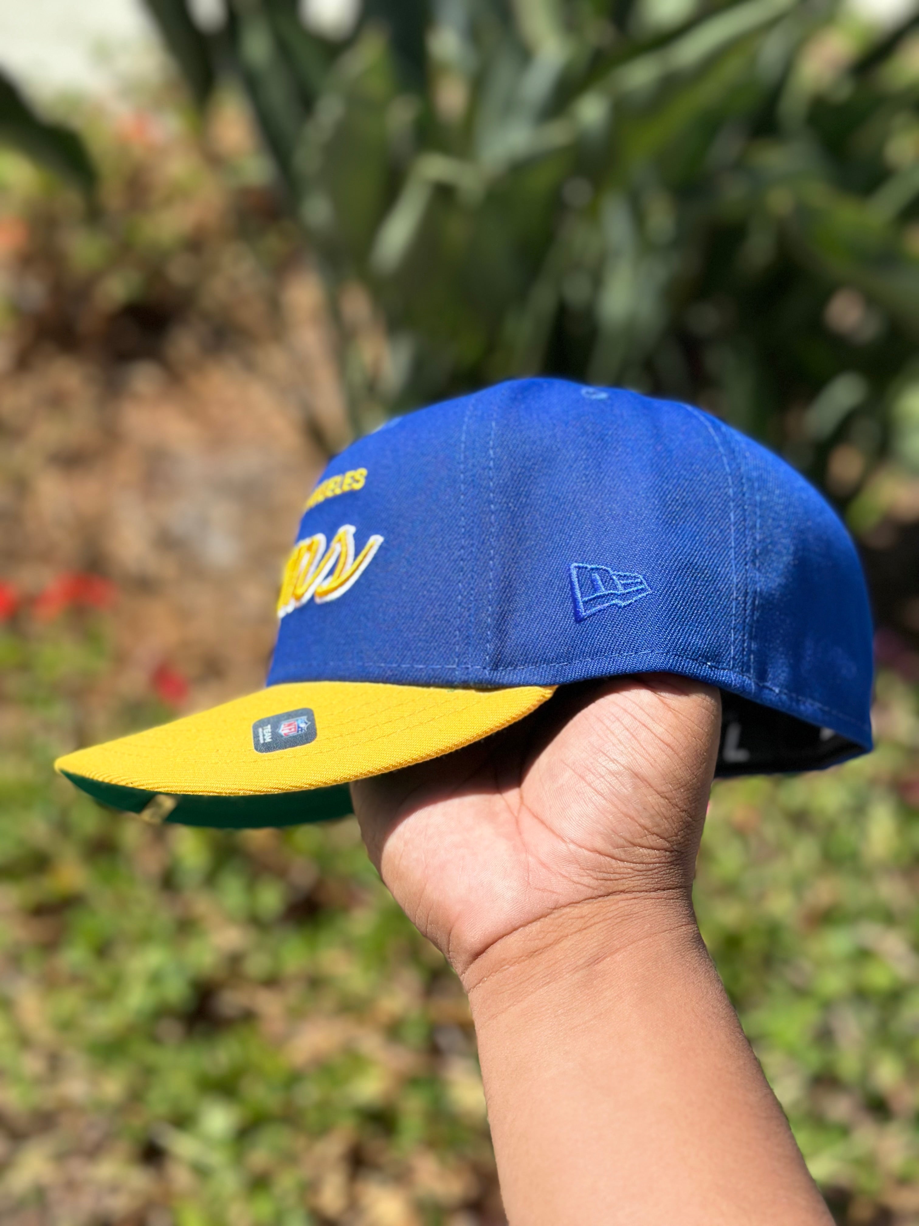 NEW ERA EXCLUSIVE 59FIFTY BLUE/YELLOW LOS ANGELES RAMS SCRIPT W/ NFL LOGO SIDE PATCH
