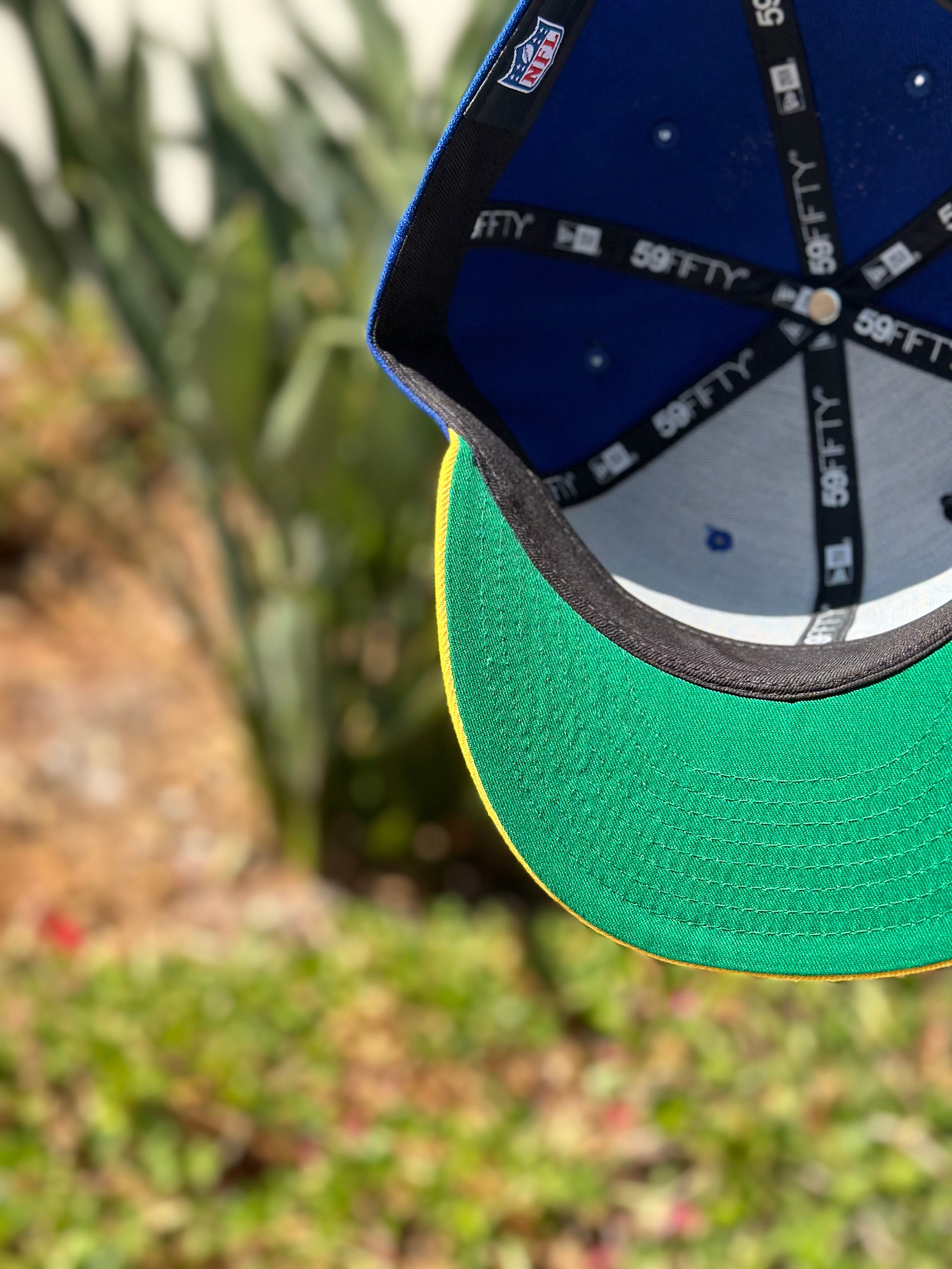 NEW ERA EXCLUSIVE 59FIFTY BLUE/YELLOW LOS ANGELES RAMS SCRIPT W/ NFL LOGO SIDE PATCH