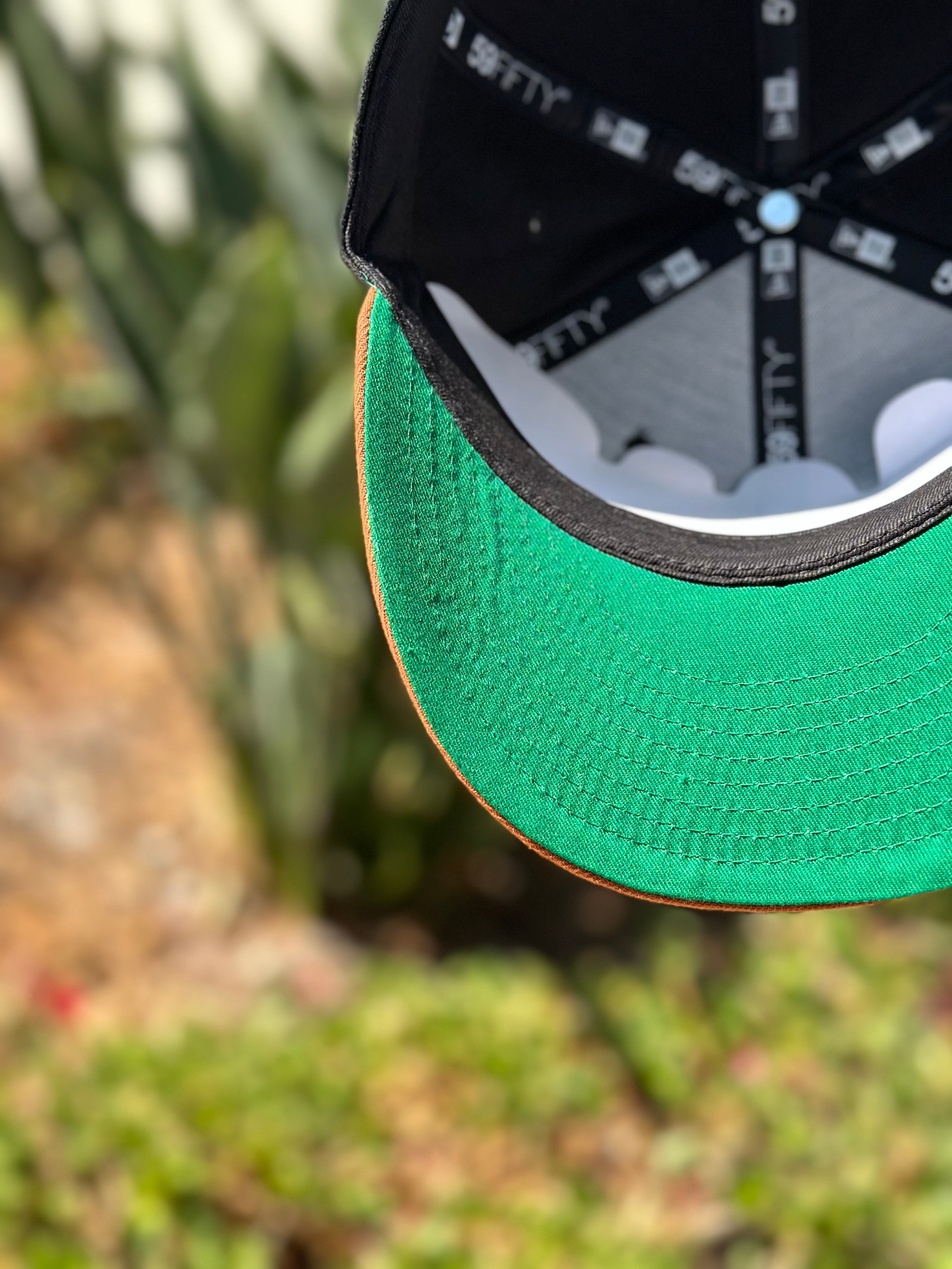 NEW ERA EXCLUSIVE 59FIFTY BLACK/RUST LOS ANGELES RAMS SCRIPT W/ NFL LOGO PATCH