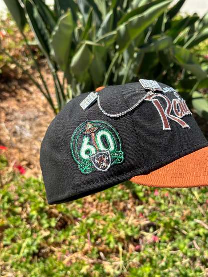 NEW ERA EXCLUSIVE 59FIFTY BLACK/RUST LAS VEGAS RAIDERS SCRIPT W/ 60TH ANNIVERSARY SIDE PATCH