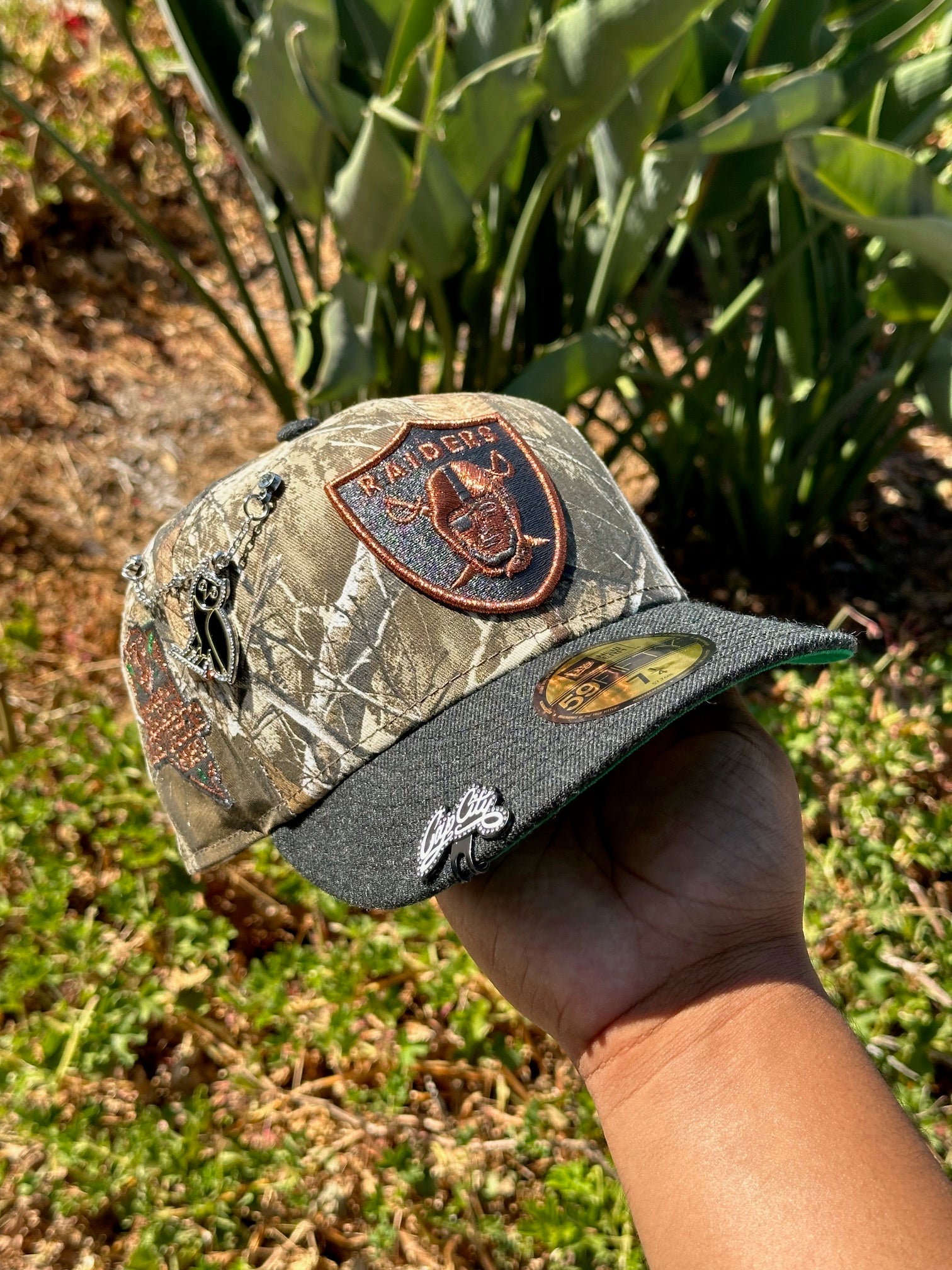 NEW ERA EXCLUSIVE 59FIFTY REALTREE/GREY WOOL LAS VEGAS RAIDERS W/ INAUGRAUL SEASON SIDE PATCH