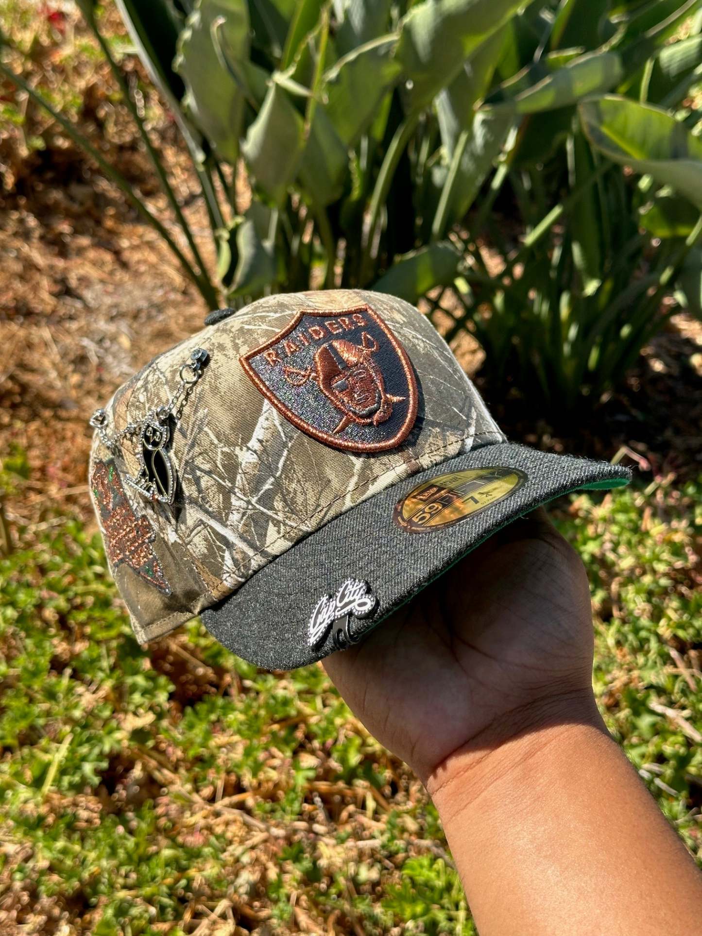 NEW ERA EXCLUSIVE 59FIFTY REALTREE/GREY WOOL LAS VEGAS RAIDERS W/ INAUGRAUL SEASON SIDE PATCH