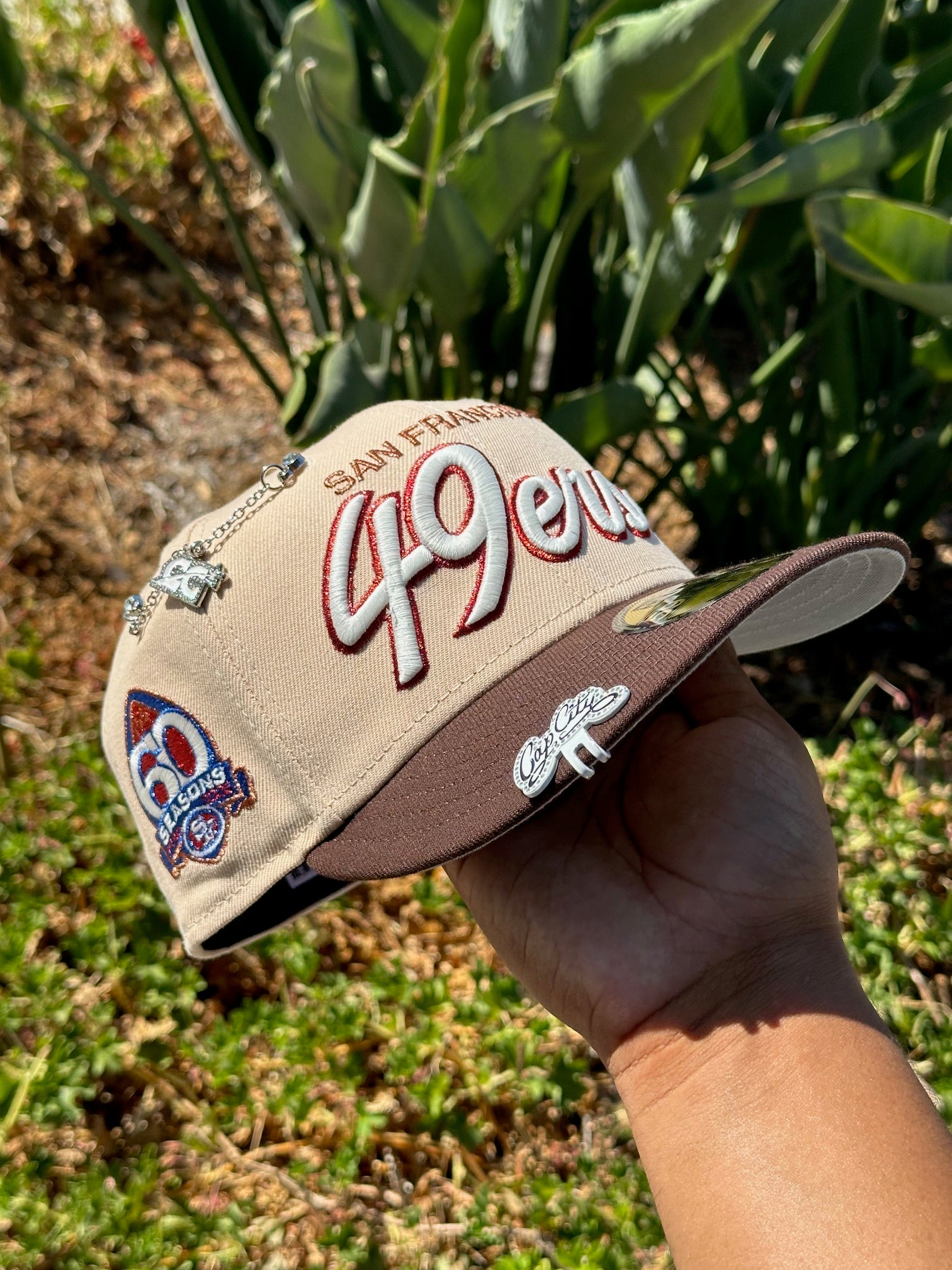 NEW ERA EXCLUSIVE 59FIFTY SOFT BLUSH/WALNUT SAN FRANCISCO "49ERS" SCRIPT W/ 60 SEASONS LOGO SIDE PATCH