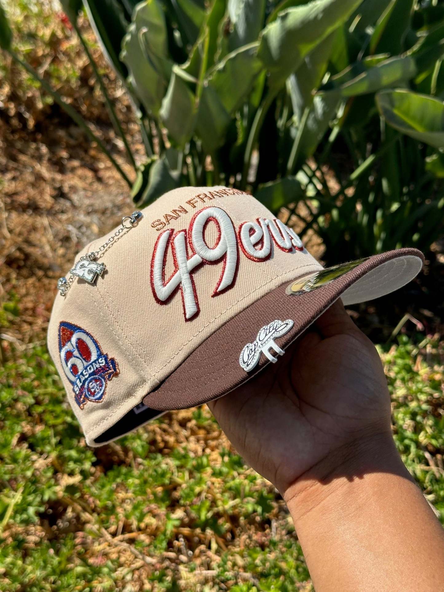 NEW ERA EXCLUSIVE 59FIFTY SOFT BLUSH/WALNUT SAN FRANCISCO "49ERS" SCRIPT W/ 60 SEASONS LOGO SIDE PATCH