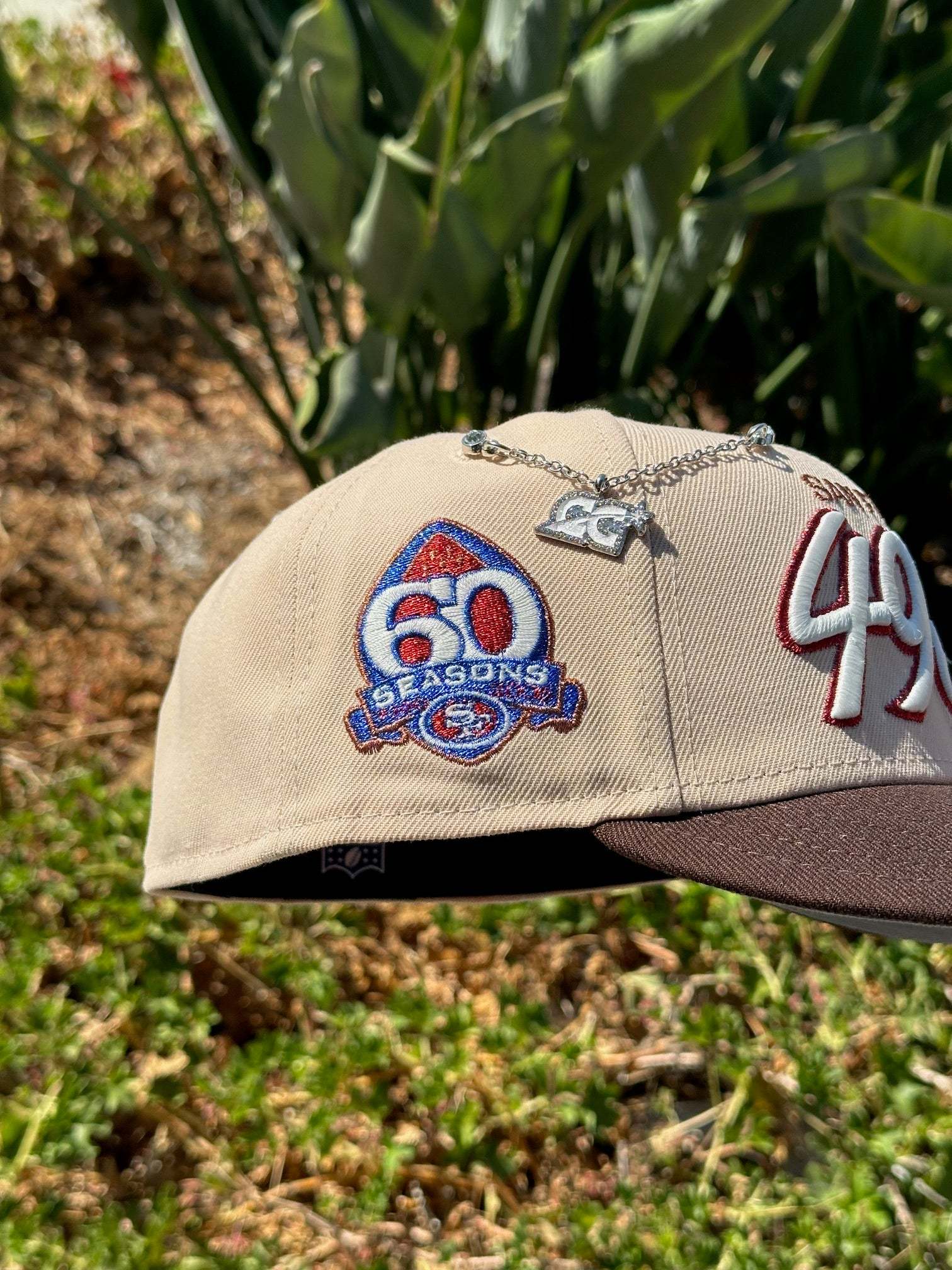 NEW ERA EXCLUSIVE 59FIFTY SOFT BLUSH/WALNUT SAN FRANCISCO "49ERS" SCRIPT W/ 60 SEASONS LOGO SIDE PATCH