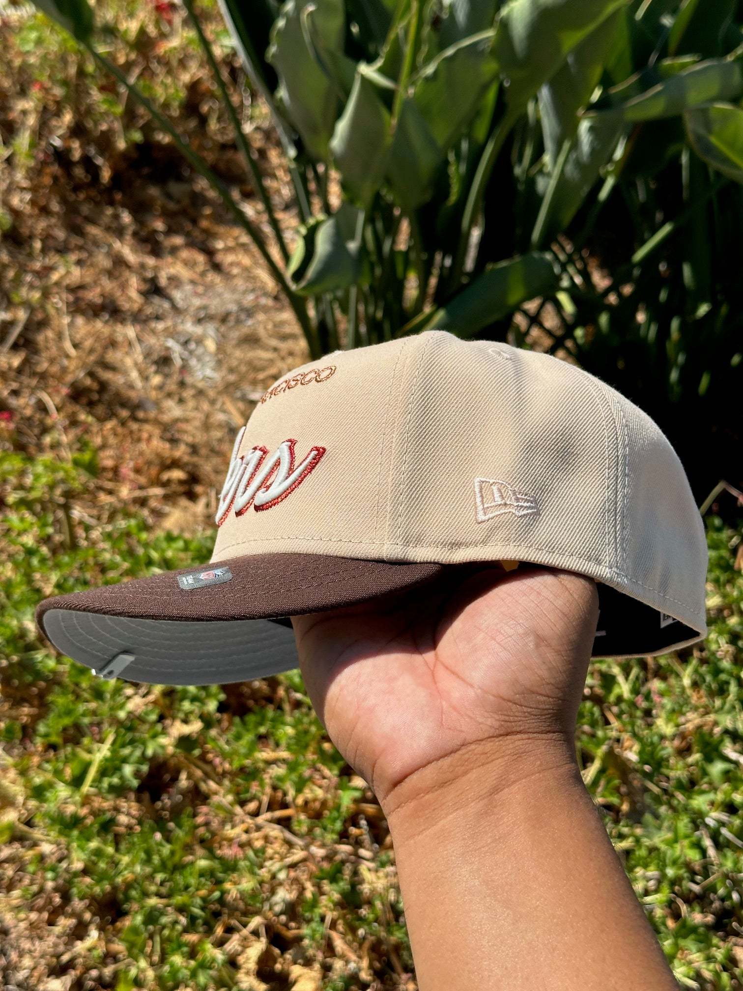 NEW ERA EXCLUSIVE 59FIFTY SOFT BLUSH/WALNUT SAN FRANCISCO "49ERS" SCRIPT W/ 60 SEASONS LOGO SIDE PATCH