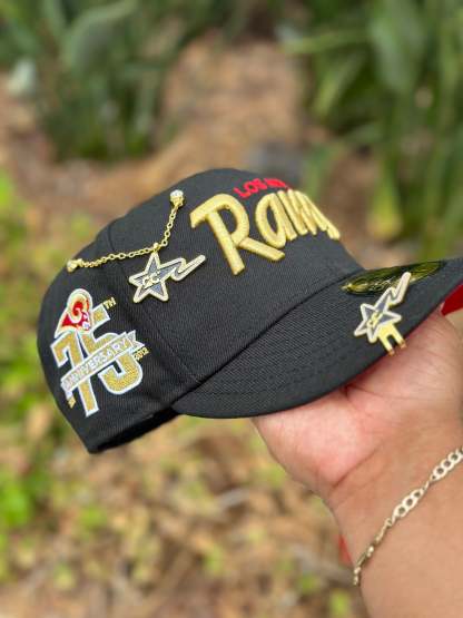 NEW ERA EXCLUSIVE 59FIFTY BLACK LOS ANGLES RAMS SCRIPT W/ 75TH ANNIVERSARY SIDE PATCH