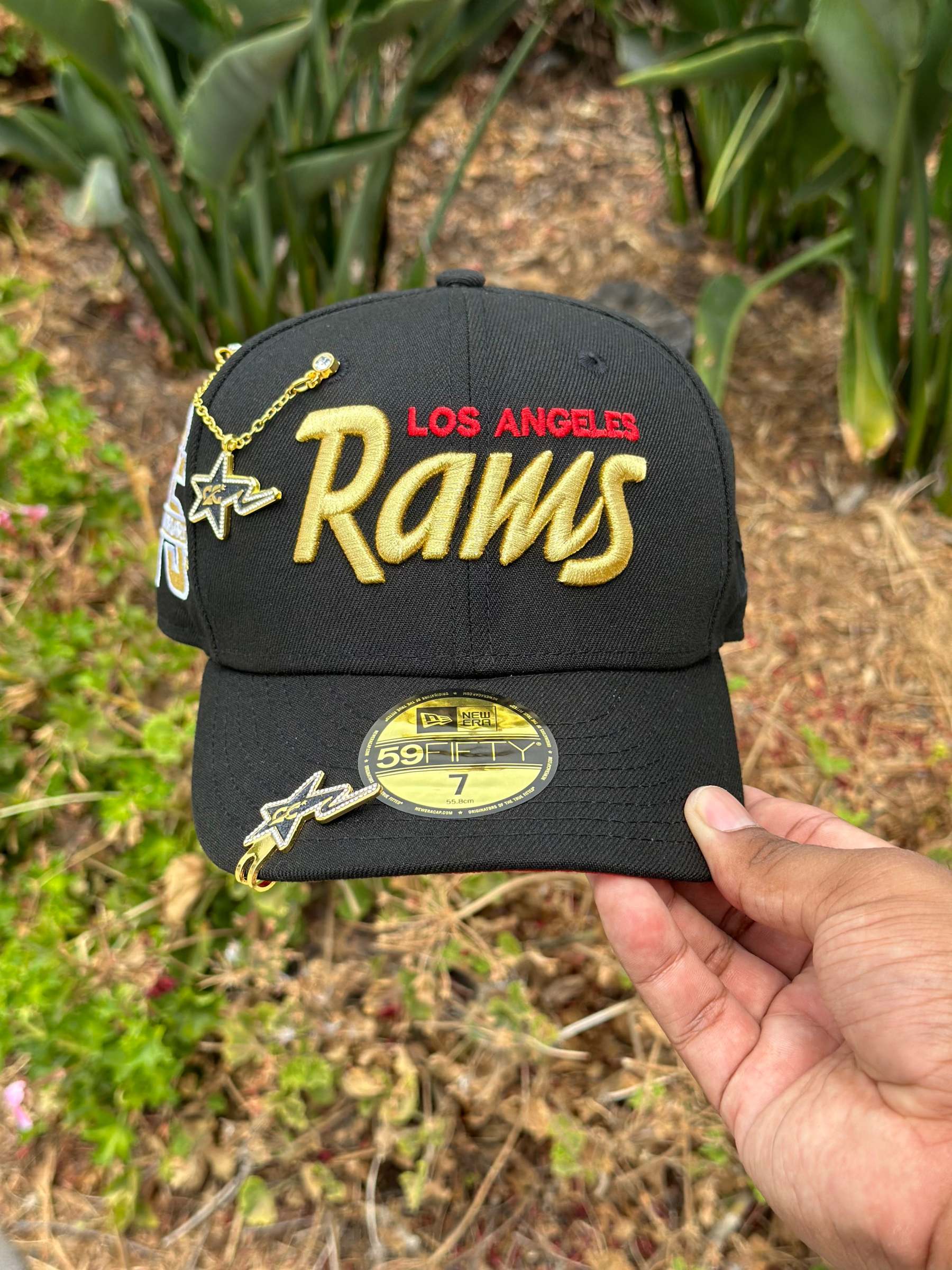 NEW ERA EXCLUSIVE 59FIFTY BLACK LOS ANGLES RAMS SCRIPT W/ 75TH ANNIVERSARY SIDE PATCH