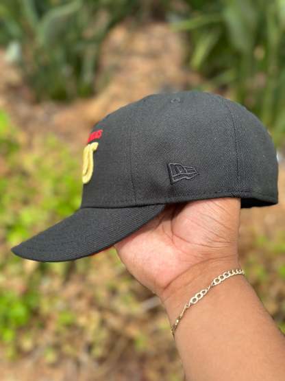 NEW ERA EXCLUSIVE 59FIFTY BLACK LOS ANGLES RAMS SCRIPT W/ 75TH ANNIVERSARY SIDE PATCH