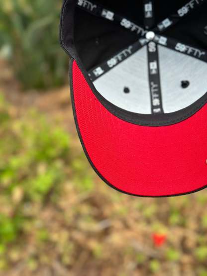 NEW ERA EXCLUSIVE 59FIFTY BLACK LOS ANGLES RAMS SCRIPT W/ 75TH ANNIVERSARY SIDE PATCH