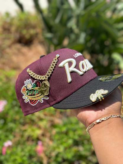 NEW ERA EXCLUSIVE 59FIFTY BURGUNDY/BLACK LOS ANGLES RAMS SCRIPT W/ "NFL DRAFT" SIDE PATCH