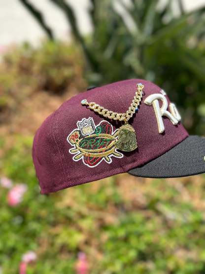 NEW ERA EXCLUSIVE 59FIFTY BURGUNDY/BLACK LOS ANGLES RAMS SCRIPT W/ "NFL DRAFT" SIDE PATCH