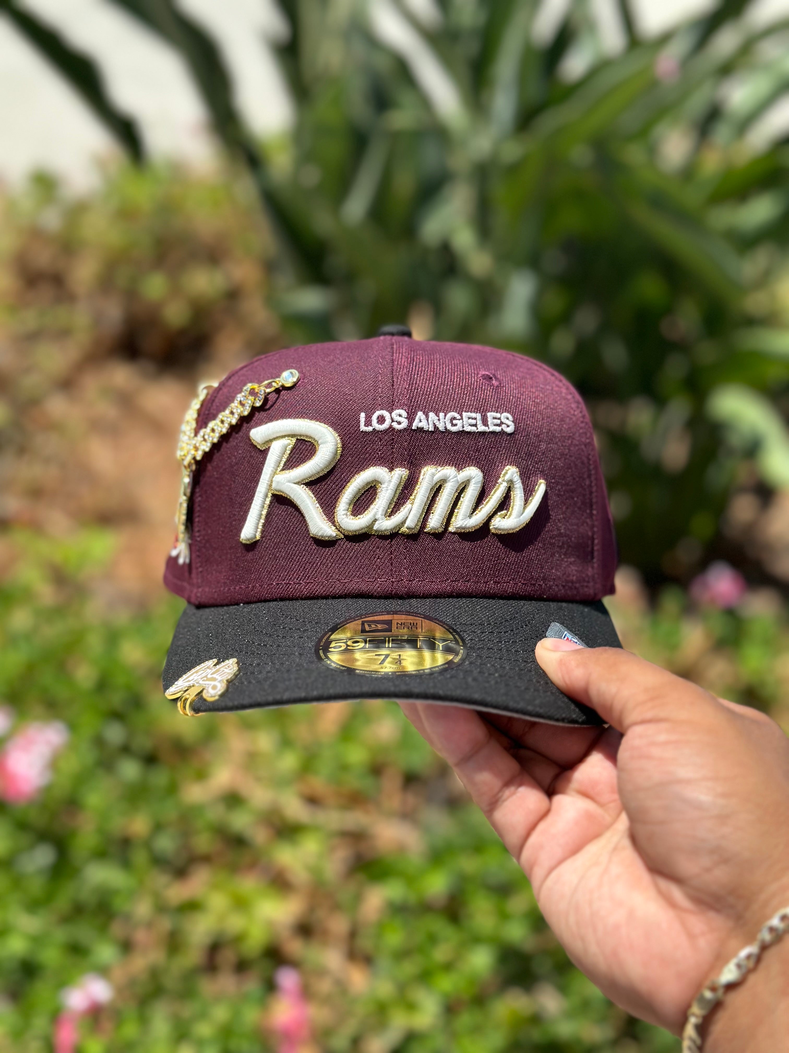 NEW ERA EXCLUSIVE 59FIFTY BURGUNDY/BLACK LOS ANGLES RAMS SCRIPT W/ "NFL DRAFT" SIDE PATCH
