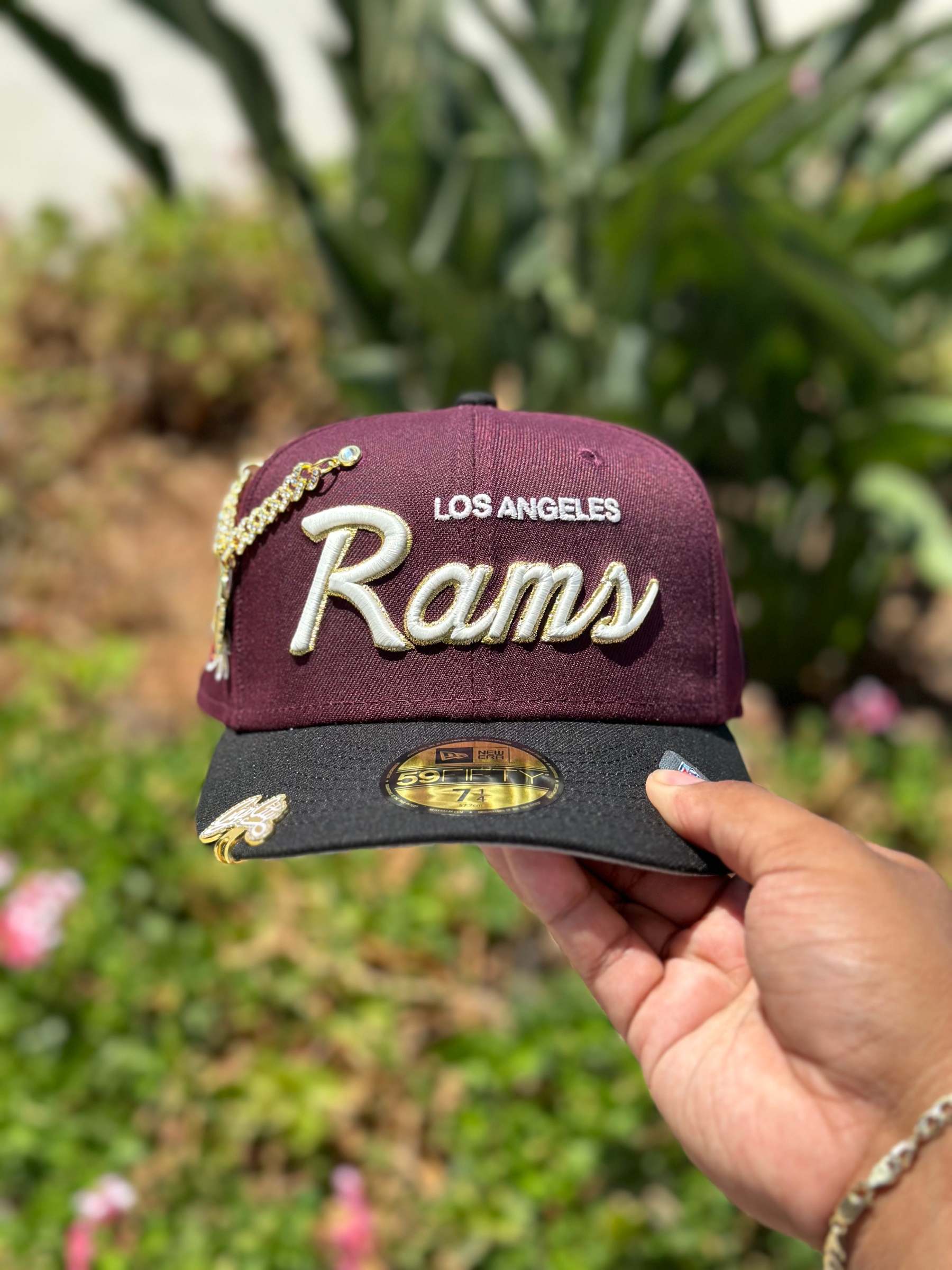 NEW ERA EXCLUSIVE 59FIFTY BURGUNDY/BLACK LOS ANGLES RAMS SCRIPT W/ "NFL DRAFT" SIDE PATCH