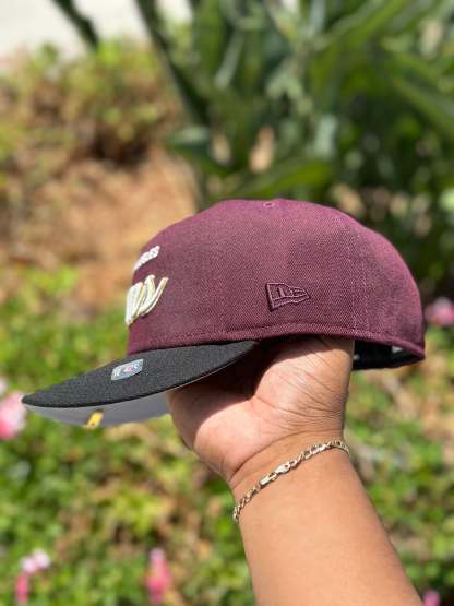 NEW ERA EXCLUSIVE 59FIFTY BURGUNDY/BLACK LOS ANGLES RAMS SCRIPT W/ "NFL DRAFT" SIDE PATCH