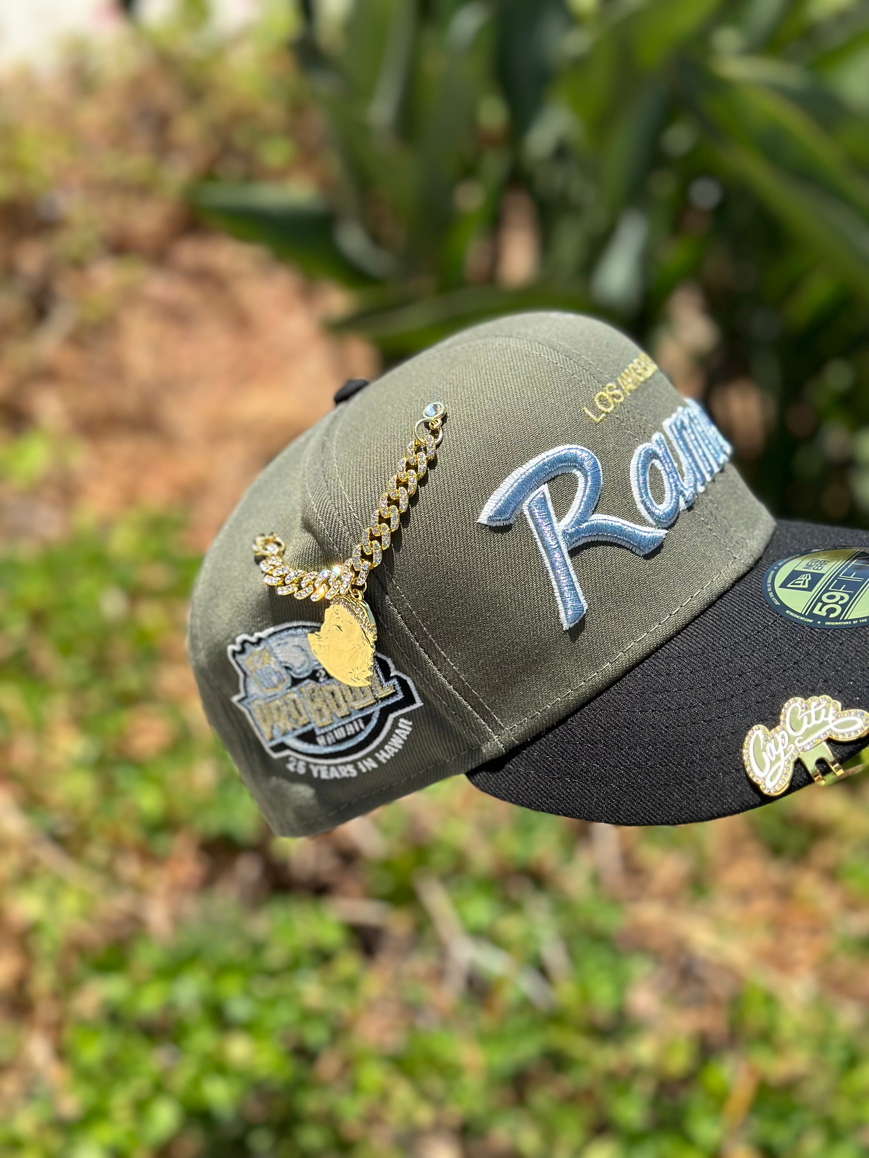 NEW ERA EXCLUSIVE 59FIFTY OLIVE GREEN/BLACK LOS ANGLES RAMS SCRIPT W/ 2004 PRO BOWL SIDE PATCH