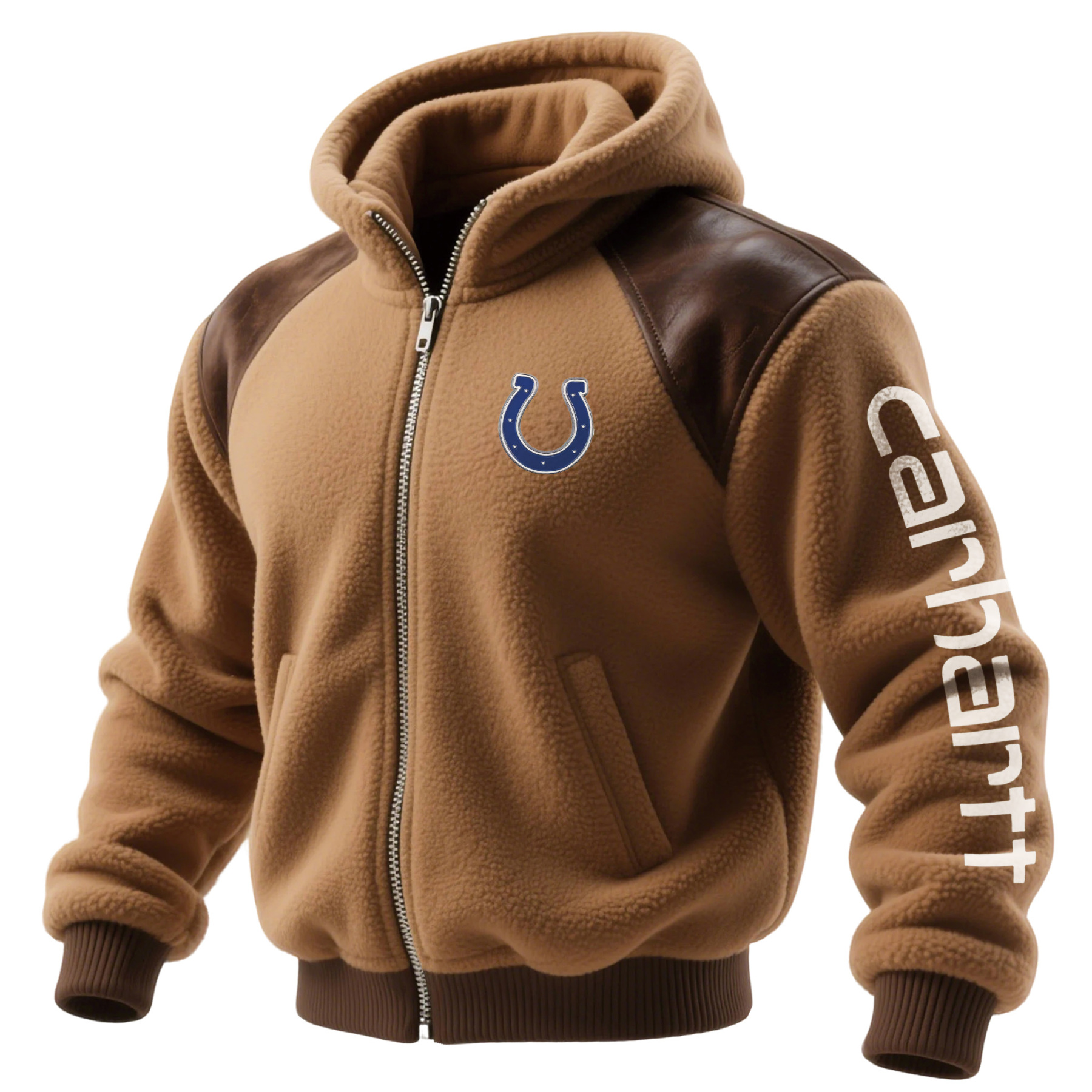 Indianapolis Colts Retro Fleece Color Block Leather Turtleneck Hooded Jacket