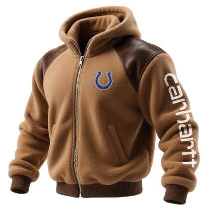 Indianapolis Colts Retro Fleece Color Block Leather Turtleneck Hooded Jacket