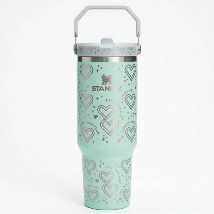 Stanley Mother's Day Gift Tumbler - Metallic Purple Heart Pattern Bottle with Carry Handle