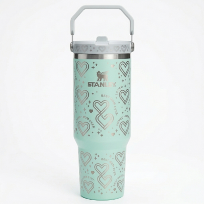 Stanley Mother's Day Gift Tumbler - Metallic Purple Heart Pattern Bottle with Carry Handle