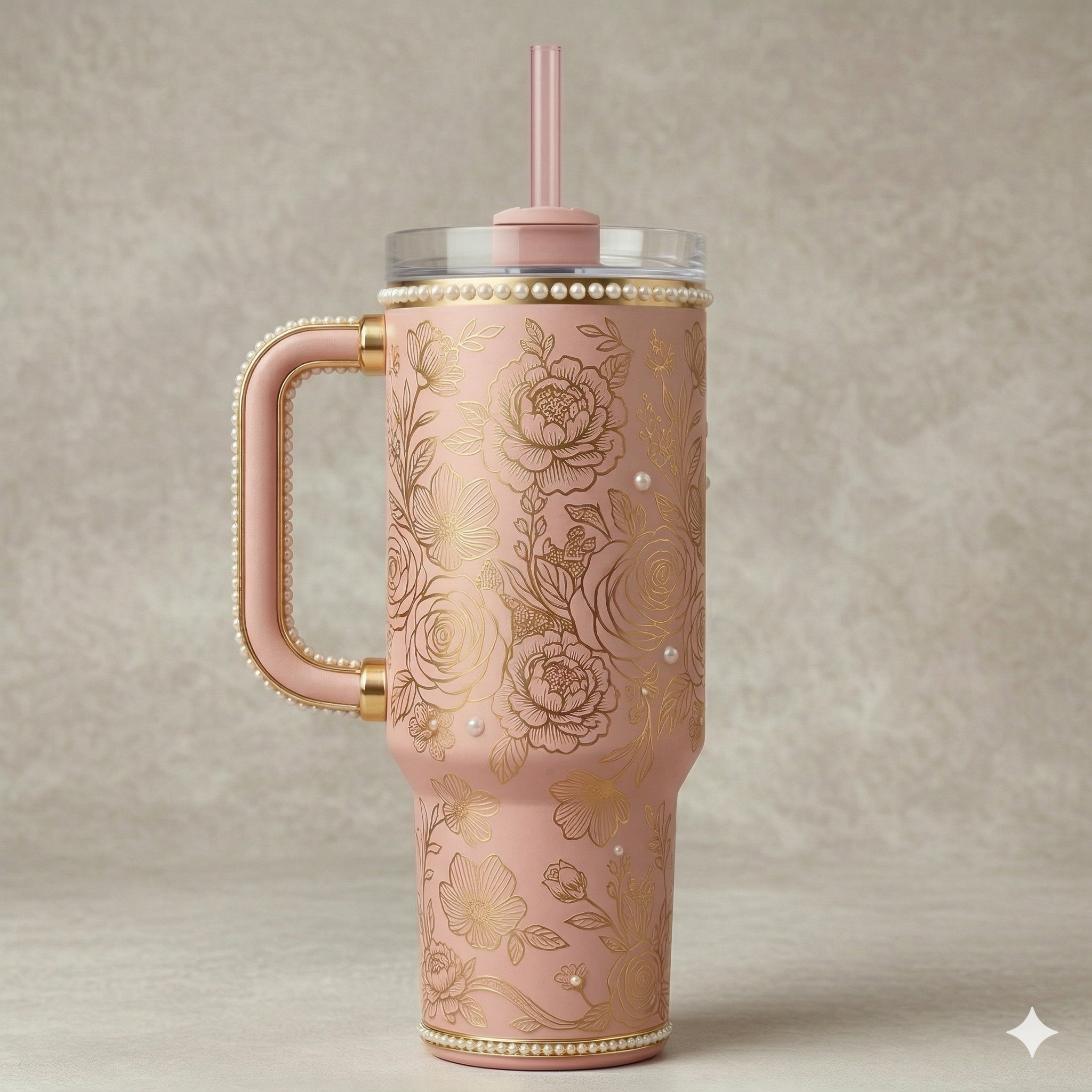 Stanley Mother's Day Tumbler, Pink with Pearl Accents & Gold Floral Engraving 40 oz