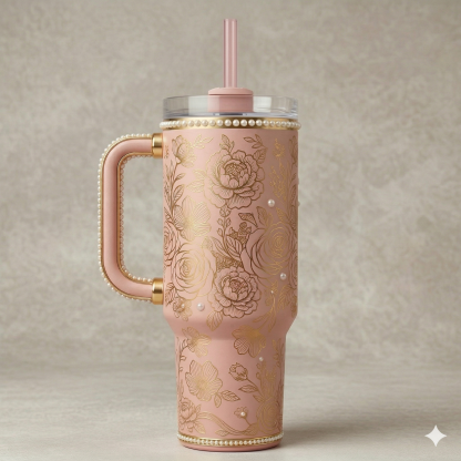 Stanley Mother's Day Tumbler, Pink with Pearl Accents & Gold Floral Engraving 40 oz