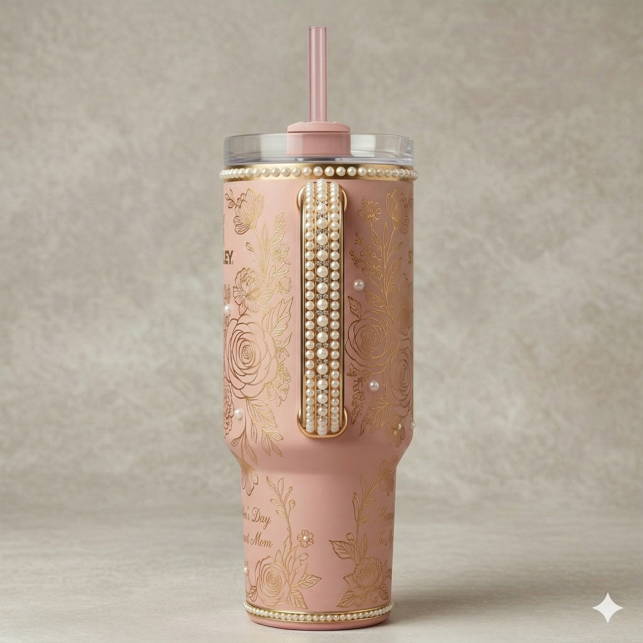 Stanley Mother's Day Tumbler, Pink with Pearl Accents & Gold Floral Engraving 40 oz