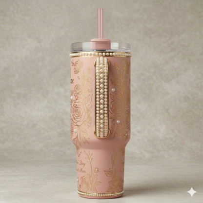 Stanley Mother's Day Tumbler, Pink with Pearl Accents & Gold Floral Engraving 40 oz