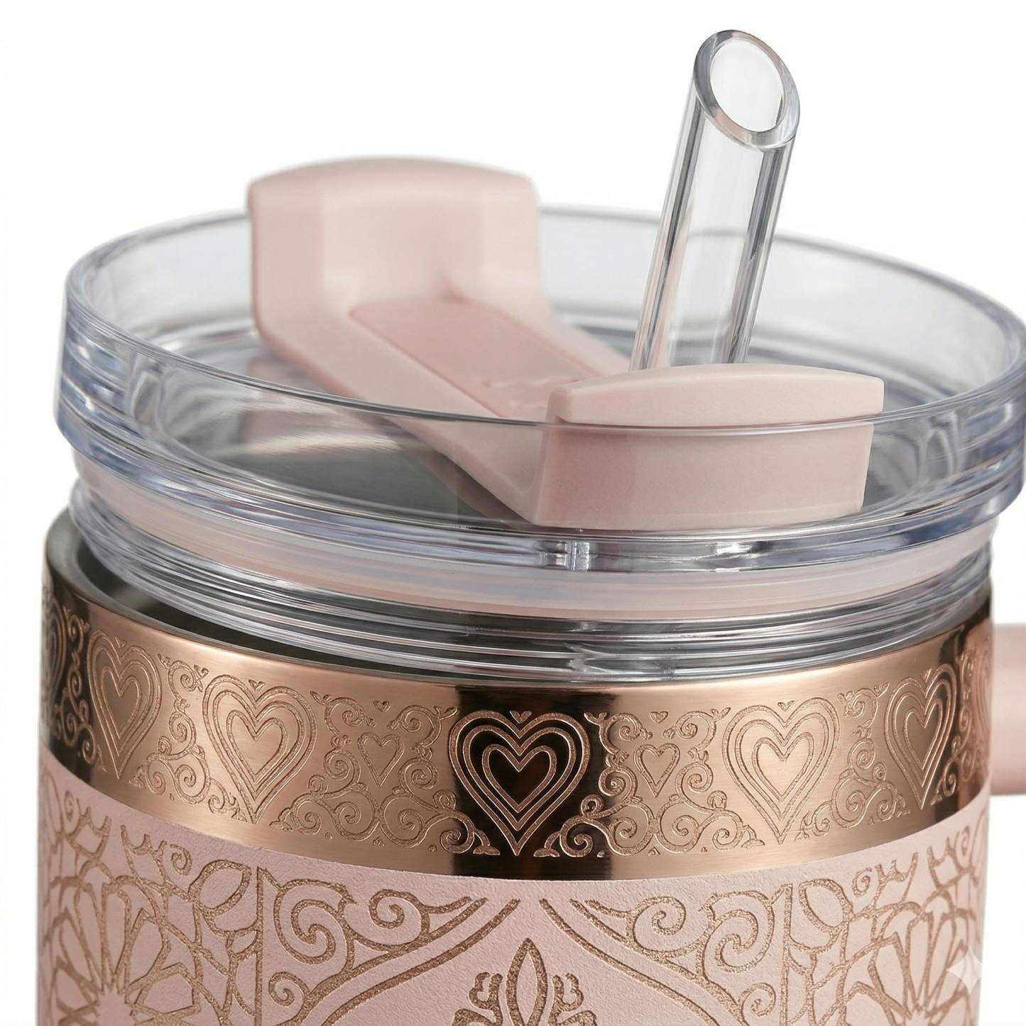 Stanley Mother's Day Gift Tumbler - Blush Pink with Rose Gold Mandala Hearts, Insulated Straw Cup