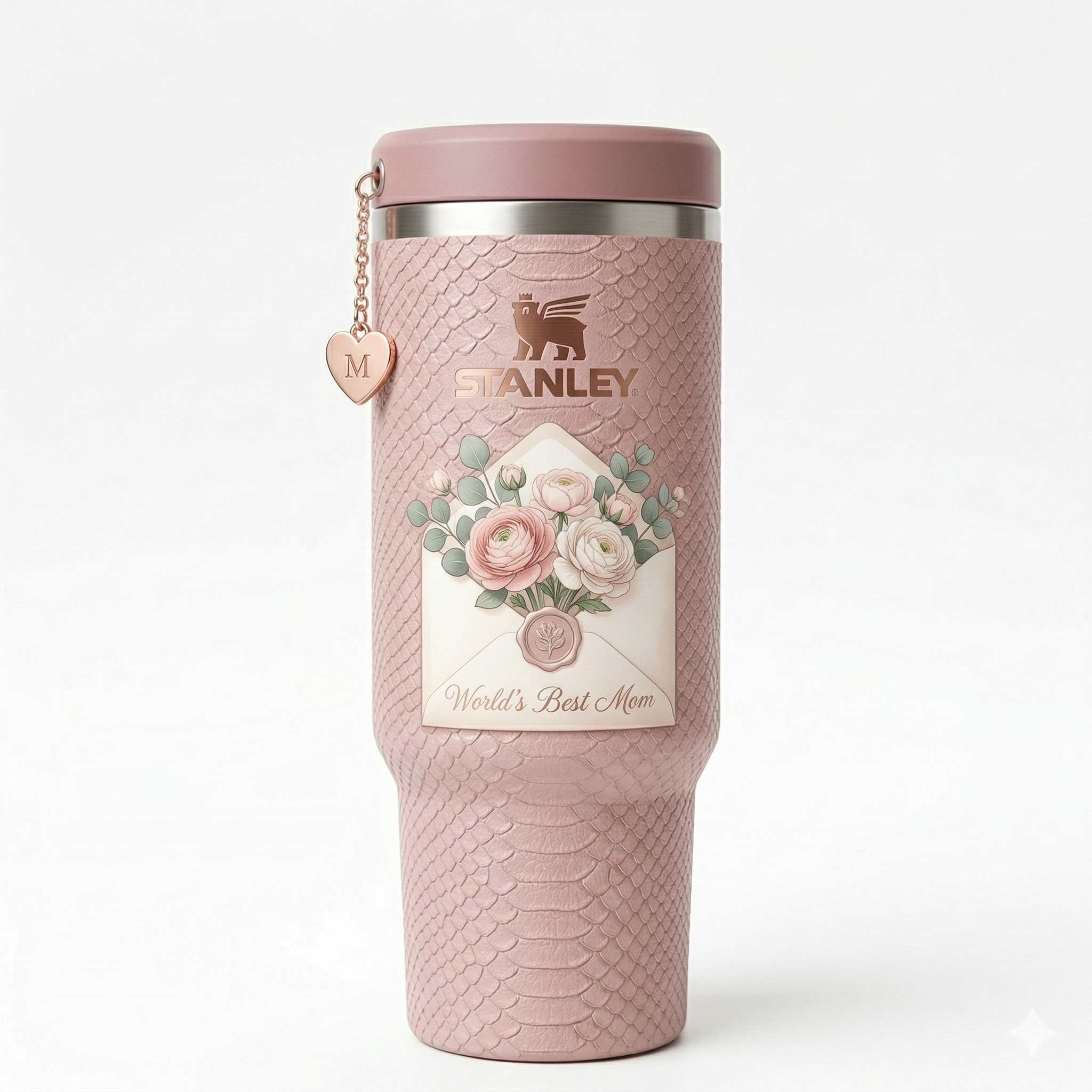 Stanley Mother's Day Edition Tumbler - Pink Snake-Embossed Cup with Floral Envelope & "M" Heart Charm