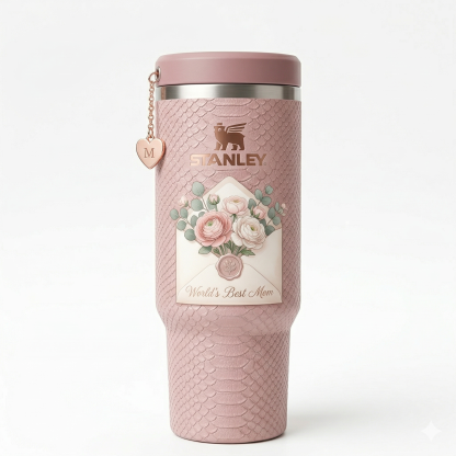 Stanley Mother's Day Edition Tumbler - Pink Snake-Embossed Cup with Floral Envelope & "M" Heart Charm