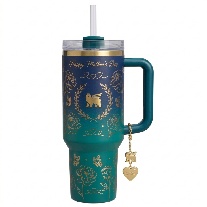 Stanley Mother's Day Edition Tumbler - Pastel Ombre Floral Cup with Gold "MOM" Charm & Straw