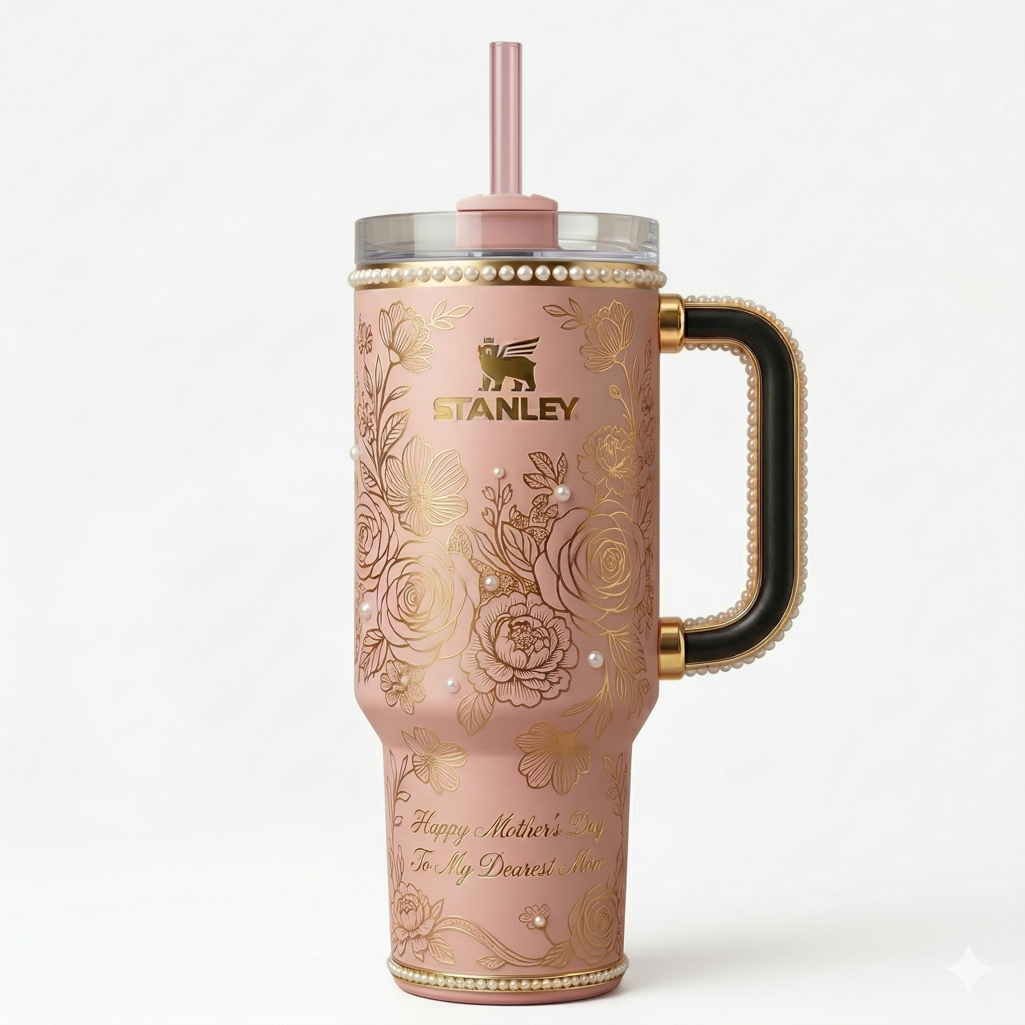Stanley Mother's Day Tumbler, Pink with Pearl Accents & Gold Floral Engraving 40 oz