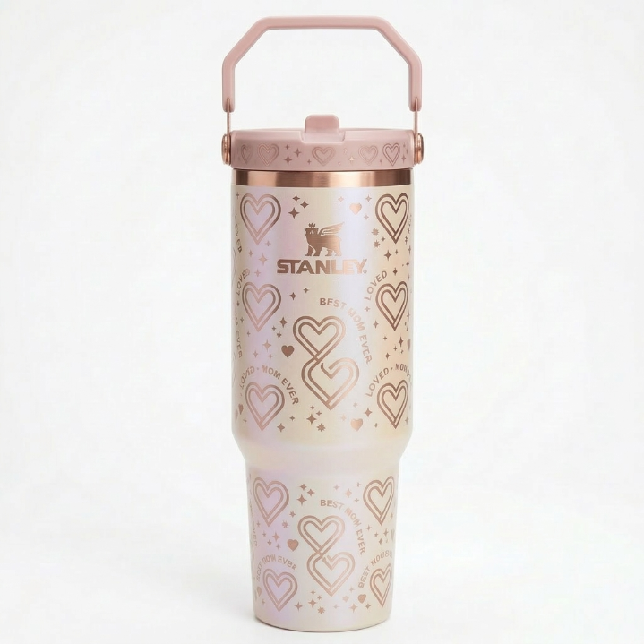 Stanley Mother's Day Gift Tumbler - Metallic Purple Heart Pattern Bottle with Carry Handle