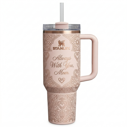 Stanley Mother's Day Gift Tumbler - Blush Pink with Rose Gold Mandala Hearts, Insulated Straw Cup