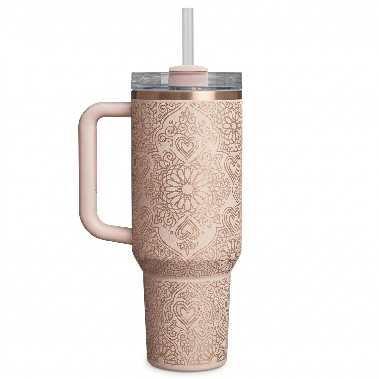 Stanley Mother's Day Gift Tumbler - Blush Pink with Rose Gold Mandala Hearts, Insulated Straw Cup