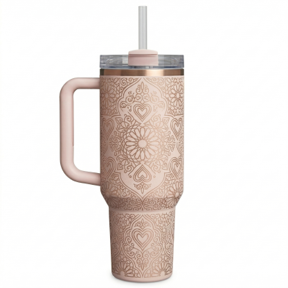Stanley Mother's Day Gift Tumbler - Blush Pink with Rose Gold Mandala Hearts, Insulated Straw Cup
