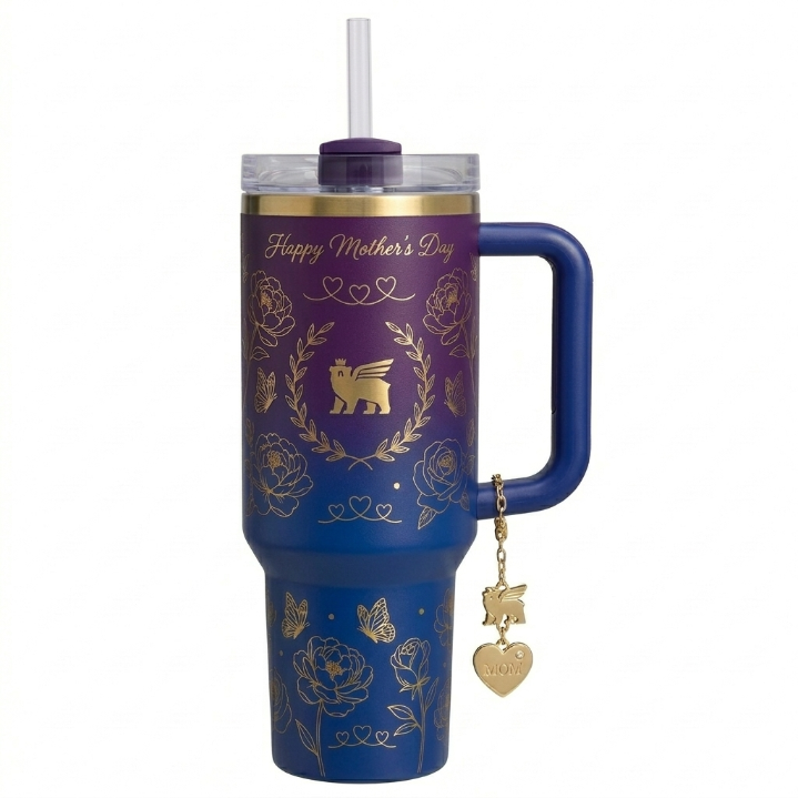 Stanley Mother's Day Edition Tumbler - Pastel Ombre Floral Cup with Gold "MOM" Charm & Straw