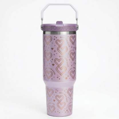 Stanley Mother's Day Gift Tumbler - Metallic Purple Heart Pattern Bottle with Carry Handle