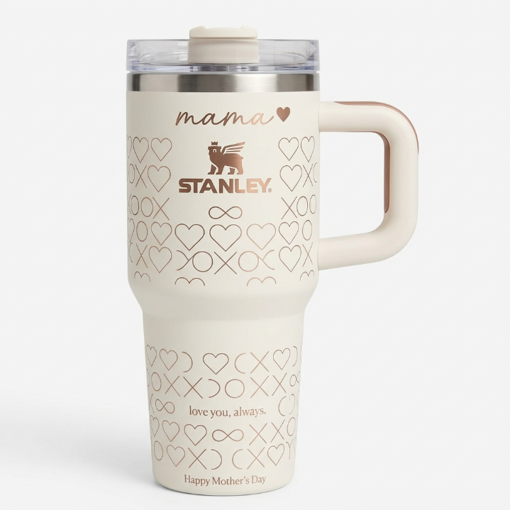 Stanley Mother's Day Tumbler 40 oz - Rose Gold Infinity & Heart Pattern Travel Mug