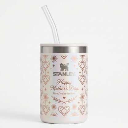 Stanley Mother's Day Edition Tumbler - "Mom, You're the Best" Iridescent Cup with Rose Gold Hearts