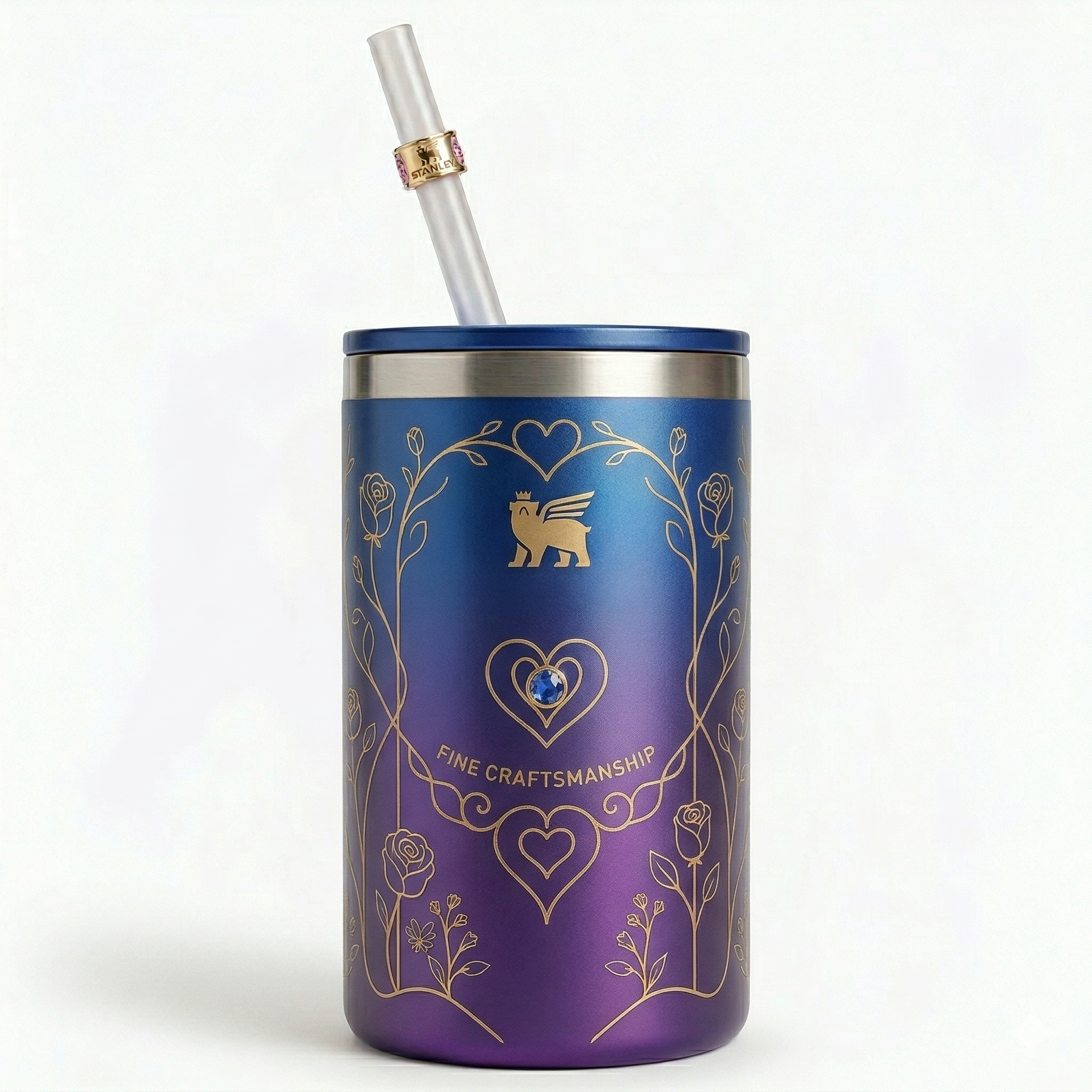 Stanley Mother's Day Limited Edition Tumbler - Pink Floral Cup with Blue Gemstone & Straw Charm 12oz