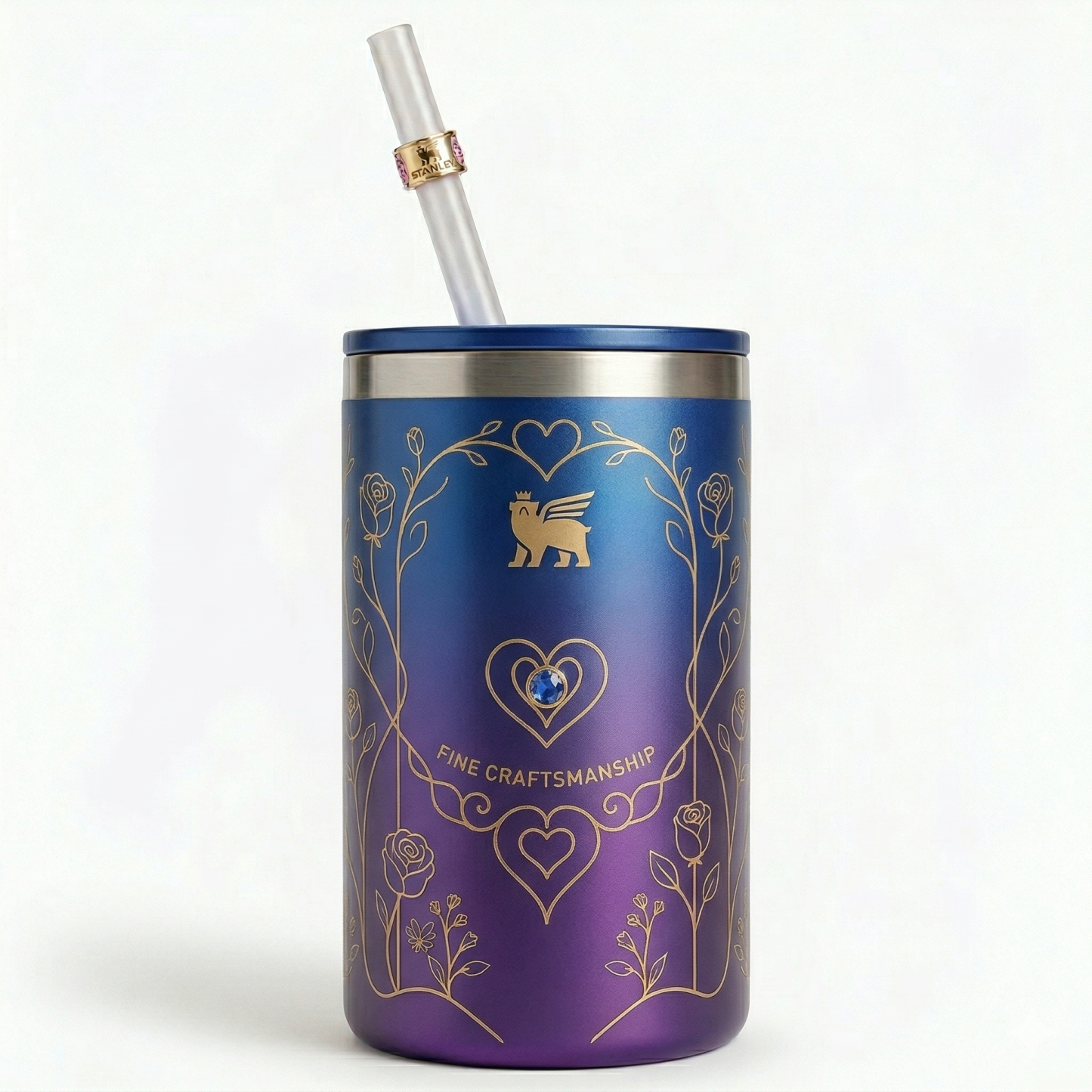 Stanley Mother's Day Limited Edition Tumbler - Pink Floral Cup with Blue Gemstone & Straw Charm 12oz